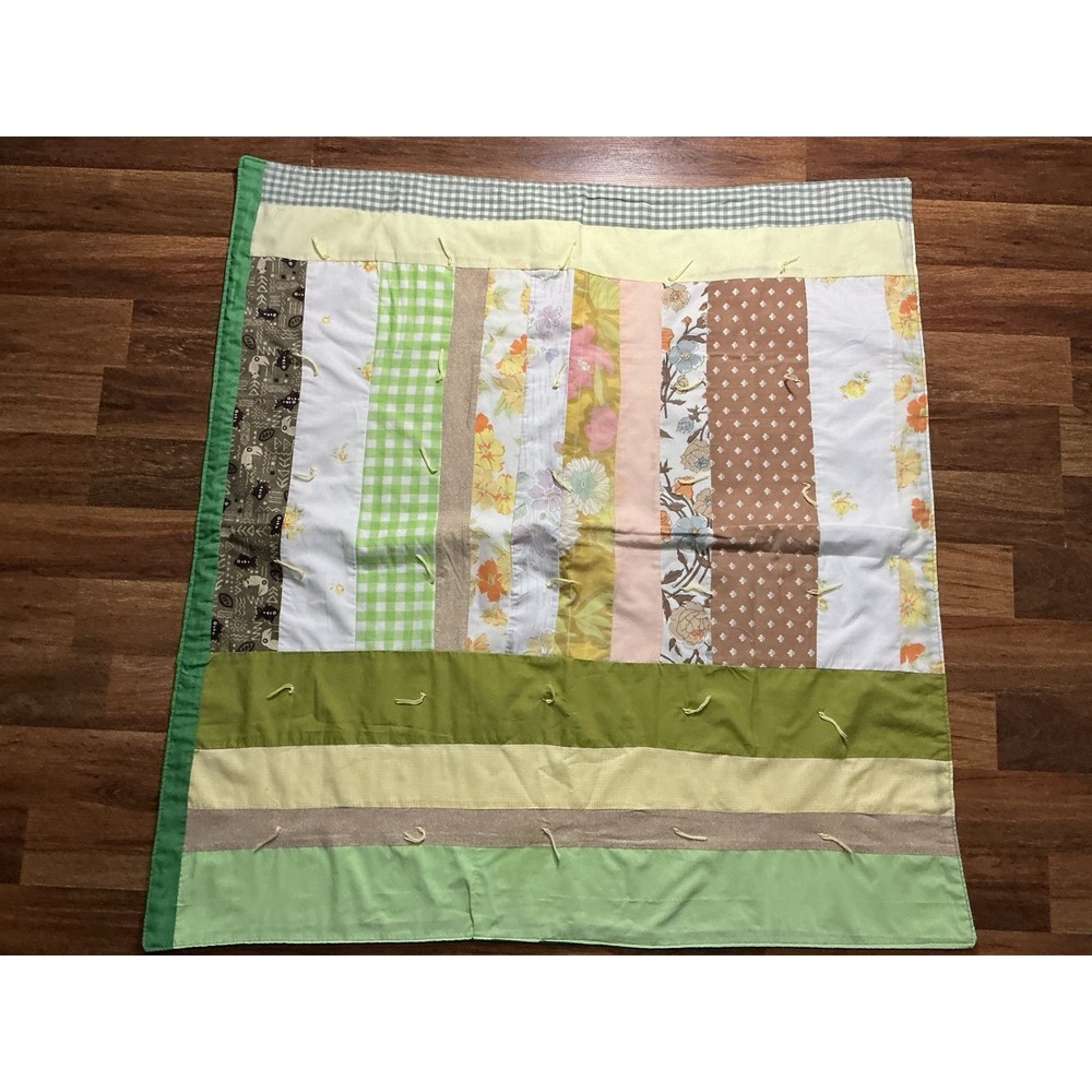 Handmade Tie Scrappy Patchwork Lap Quilt Dark Green Back 38in X 39in
